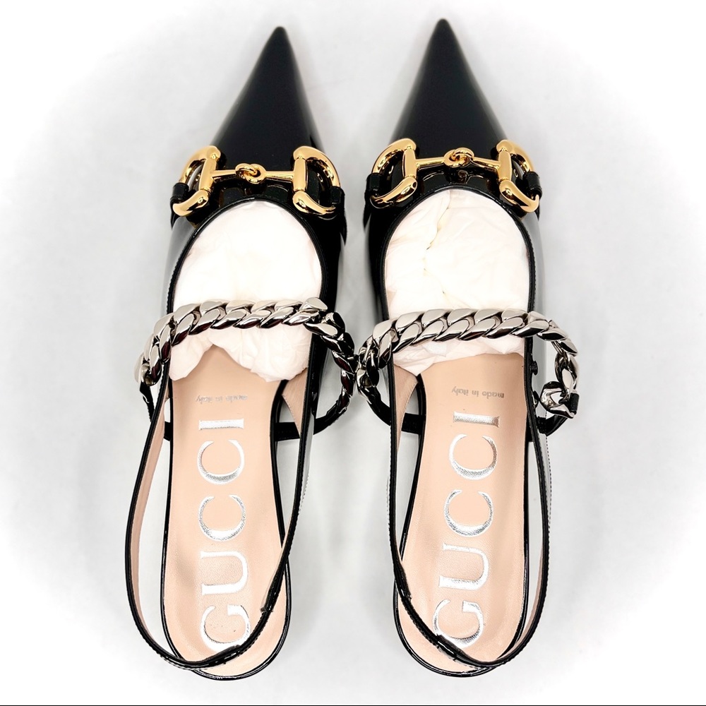 GUCCI Black Patent Leather Horsebit Chain Pumps Size 40 9.5 616596 Runway Shoe - Picture 3 of 16